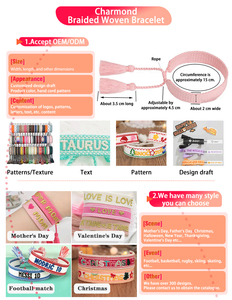 Braccialetto dell'amicizia etnico, ricamato e intrecciato, con nappa in tessuto, misura regolabile, personalizzabile con lettere e logo - Product Image 2