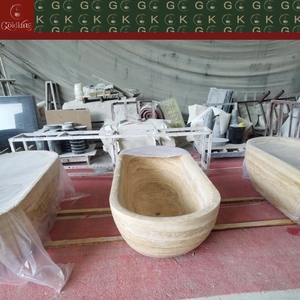Baignoire autoportante ovale en travertin classique GOLDKING pour villa méditerranéenne, baignoire en pierre beige crème à rayures, OEM - Product Image 3