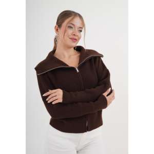 Brown Knitted <b>Zip</b>-<b>up</b> Collar <b>Cardigan</b> <b>Women</b> Casual Anti-Pilling Sweater Top - Product Image 5