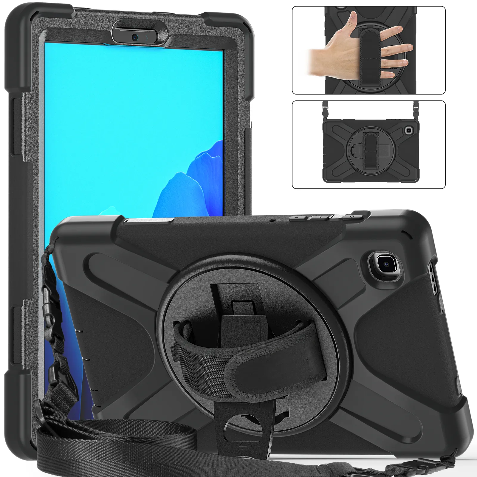 Rugged Heavy Duty Cover Case for Galaxy-Tab A7-Lite 8.7 Inch (SM-T225/T220)2021 Hybrid Cover w/ Rotating Kickstand Strap