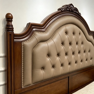 Traditional Queen Size Upholstered Wooden Bed with Faux Leather Headboard and Carved Legs - Product Image 2