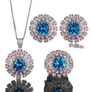 High Quality Eco-friendly Copper Silver Plated Round Cut 14MM-10MM Blue Zircon Flower Jewelry <b>Set</b> for Dazzling Statement Tu - Product Image 2