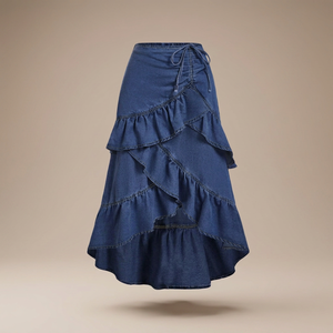 Jupe longue asymétrique en jean à volants pour femme, décontractée, couleur unie, coupe ample, respirante, en coton délavé, taille haute, automne - Product Image 4