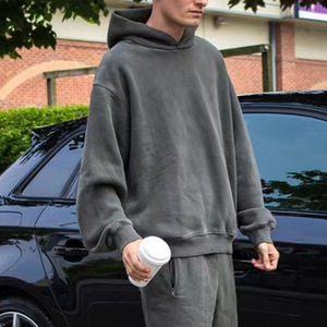 Étiquette imprimée personnalisée Heavy Street Blank Hoodie Vintage Wash Sweat à capuche noir avec poches latérales - Product Image 2