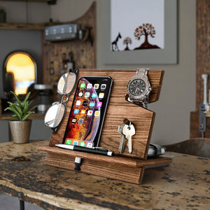 Gepolijst Houten Boerderij Decor Nachtkastje Docking <span class=keywords><strong>Station</strong></span> Telefoon Portemonnee Horloge Stand Sleutelhouder Opladen Dock Bureau Huis Liefde - Product Image 5