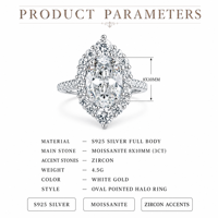 Bague de fiançailles ovale de luxe en moissanite simulée couleur D 3 carats, plaquée rhodium, en argent S925, sertie à griffes 8x12mm