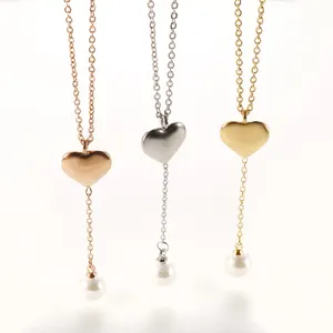 Korea Style Wholesale Jewelry Waterproof Stainless Steel Necklace 18K Gold Plated Heart Shaped Pendant Pearl Necklace For Women
