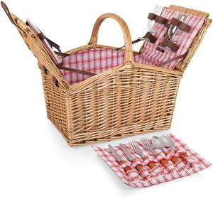 Panier de pique-nique en osier pour <span class=keywords><strong>2</strong></span> <span class=keywords><strong>personnes</strong></span> avec assiettes, verres à vin, couverts et tire-bouchon, motif écossais rouge et blanc, et carreaux rouges - Product Image 1