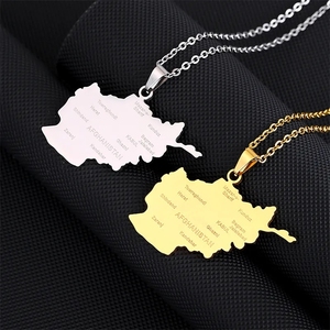 Mapa de moda de acero inoxidable de Afganistán con nombre de ciudad collares colgantes plata afgana/oro Color país Mapa joyería - Product Image 1