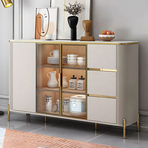 Credenza Moderna con Porte in Vetro Temperato, Gambe in Metallo Dorato, Piano in <span class=keywords><strong>Marmo</strong></span> Adesivo, Mobile Buffet in MDF per Sala da Pranzo e Soggiorno - Product Image 1
