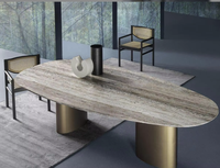 Table à manger ovale moderne en marbre naturel avec base en acier inoxydable couleur champagne, taille personnalisée pour salle à manger ou hôtel