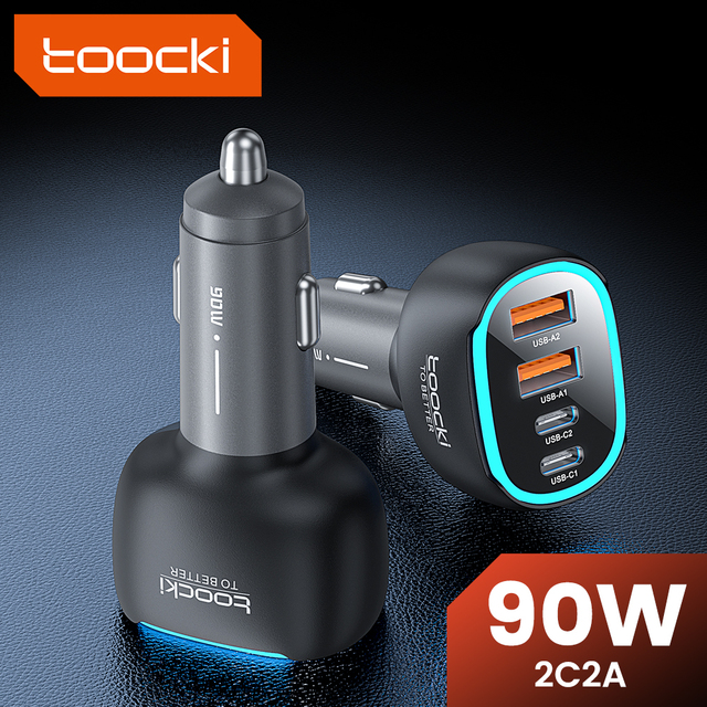 Toocki Multi-Port Car Adapter 90W Total Output 2C+2A PD 45W Fast Charge Intelligent Chip Safety Protection for Daily Commute