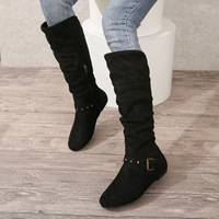 Bottes montantes rétro pour femme à talon plat et bout rond avec fermeture éclair, boucle de ceinture métallique et semelle en caoutchouc thermoplastique durable