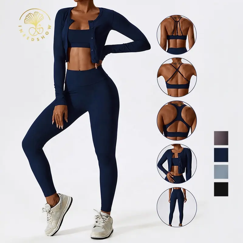 Pakaian olahraga 5 buah, setelan pakaian Fitness Gym lengan panjang Crop Top, Legging Yoga kerut dan Bra untuk olahraga wanita