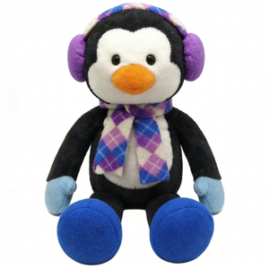 Juguete de Peluche de Pingüino Personalizado con Bufanda y Orejeras para Invierno, Pingüino de Peluche con Atuendo Invernal Morado y Azul para la Temporada de Frío - Product Image 1