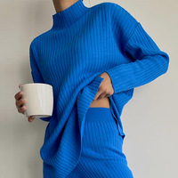 Ensemble de vêtements pour femmes, style décontracté, 2 pièces, amincissant, col demi-haut, manches longues, couleur unie, tricot, pantalon, pull