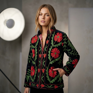 Chaqueta de Terciopelo para Mujer con Bordado Floral, Cuello Mandarín, Manga Larga, Estilo Otoñal Prairie Chic, Bordado a Mano, Cierre de Cremallera - Product Image 1