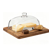 Plateau à beurre en bois d'acacia avec couvercle en verre et support à couteau intégré, plateau de service antidérapant pour plateau à fromages de fête