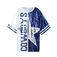Robe décontractée d'été pour femme, longueur genou, blanche, style t-shirt, avec sequins bleus brodés, col rond, manches courtes, antistatique, 100%
