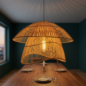Lampe suspendue en rotin tressé à deux niveaux en forme de parapluie, éclairage LED chaleureux pour salle à manger - Product Image 2