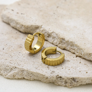 Hoop Earrings Geometric Pattern Micro Insert Gold Steel Color Round Fashion Jewelry Set - Product Image 3