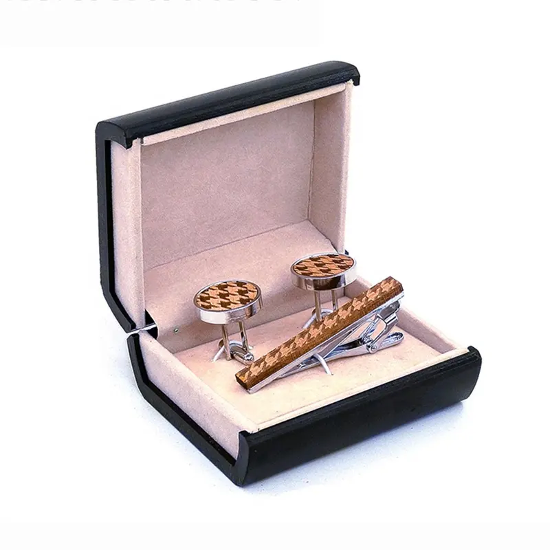 latest design wooden round cufflinks and tie bar clip set for mens suits