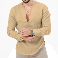 T-shirts décontractés à manches longues en mélange de lin uni pour hommes, col en V fendu, respirants, séchage rapide, vente en gros directe d'usine, personnalisation OEM