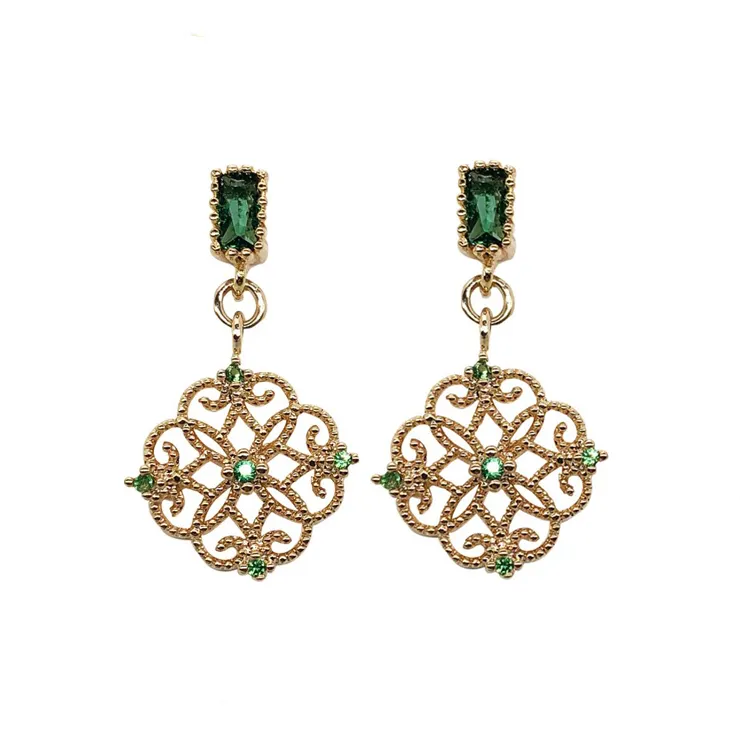 vintage jewelry emerald stone hollow 16k gold plated 925 sterling silver petal flower dangle earrings