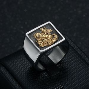 OAHLAN Gioielli alla Moda, Anello in Acciaio Inossidabile con Motivo Vintage Medievale di San Giorgio Cacciatore di Draghi per Uomo, Idea Regalo - Product Image 3