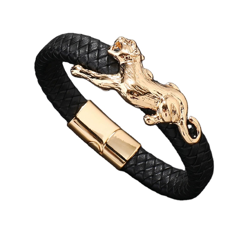 2023 Punk Alloy Men's Gold Plated Animal Leopard Leather