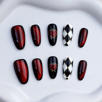 10/24PCS Kuku Palsu Akrilik Buatan Tangan Murni Berkualitas Tinggi Warna Merah Cat Eye Original Dapat Digunakan Kembali Grosir Pabrik Kuku Palsu Lengkap