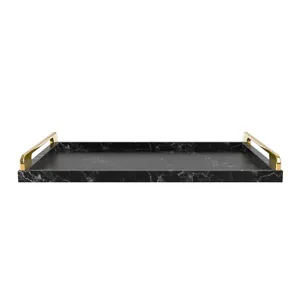 Stylish Wooden Mdf Black Lacquer Marble Paint Rectangle Food Nesting Home Restaurant Serving Tray With Golden Handles