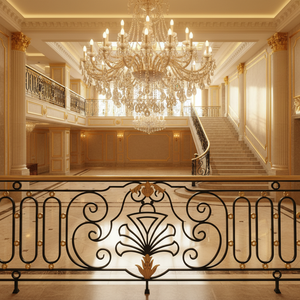 Rampe de balcon intérieure décorative en fer forgé, or et noir, garde-corps métallique de luxe, pièces OEM personnalisées - Product Image 1