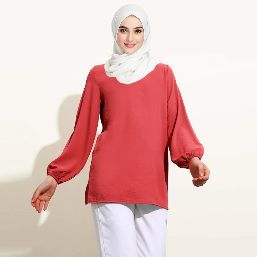 الصيف مخصص ماليزيا تركيا المرأة مسلم بلوزة أنيقة بلون واحد طويل الأكمام طاقم الرقبة تونيك قمصان قمم بلوزة