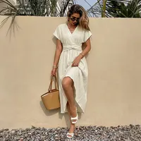 Robe longue unie à col en V avec manches à volants couleur abricot pour soirée, disponible en plusieurs tailles (ODM)