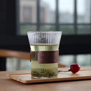 Japanese Style Ribbed Cup Vertical Stripe High Borosilicate Glass Cup With Wooden Ring