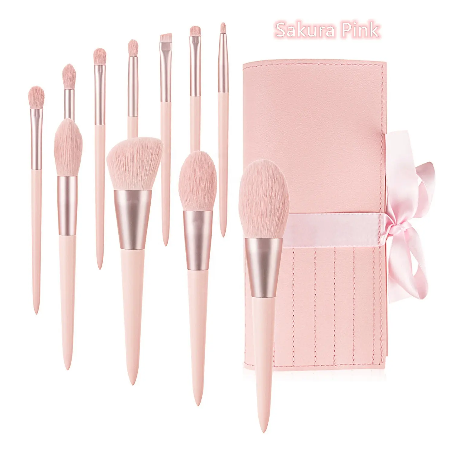 Ensemble de pinceaux de maquillage rose 11 pièces, pinceaux cosmétiques pour fond de teint, Blush, correcteur, manche en bois, ensemble de pinceaux de maquillage avec sac en cuir PU