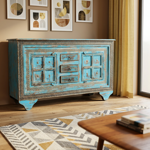 Vintage Mango Wood Distressed Blue <b>Sideboard</b> on Wheel with Brass Fitted Handcrafted For Interior Living Room Hotel Farmhouse - Product Image 2
