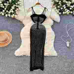 เดรสลำลองทรงเข้ารูปแบบไม่มีสายคล้องไหล่สำหรับผู้หญิง แขนกุด สีพื้น ผ้าทอธรรมชาติ ระบายอากาศได้ดี เป็นมิตรกับสิ่งแวดล้อม แต่งลูกไม้ลายเพชร สีดำ - Product Image 4