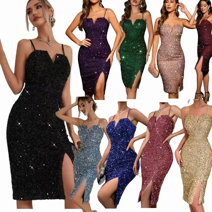 Vrouwen Sexy Avondjurk Spaghettibandje V-Hals Gouden Pailletten Jurk Elegante Midi Split Party Bodycon Jurk