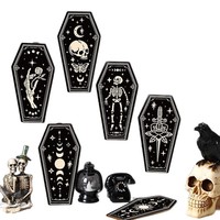 Plaques murales en bois en forme de cercueil, décoration murale gothique en bois avec crâne, lune et squelette pour Halloween, décoration d'intérieur sombre