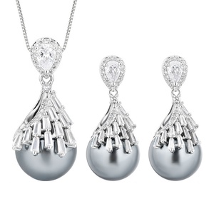Wholesale High End Premium Eco-friendly Copper 16-14mm Grey Pearl Tassel Necklace <b>Earrings</b> Jewelry Set for Women - Product Image 1