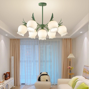 Lustre Suspendu LED pour Chambre à Coucher, Motif Floral Muguet Romantique Français, Style Crème, Hauteur Réglable, en Fer et Verre - Product Image 4