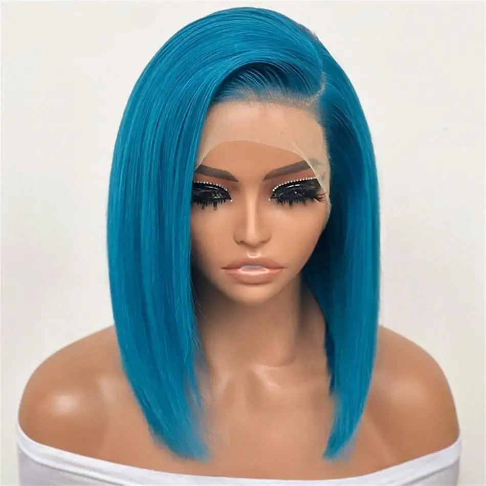 Wig Bob Lurus Potongan Tumpul Warna-warni Merah Muda/Biru/Hijau Rambut Manusia Virgin 13*4 HD Wig Frontal Penuh Renda Sorot Gaya Bob Pendek