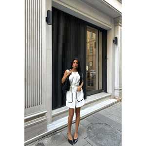 Custom White <b>Dress</b> with <b>Belt</b> Detail Square Collar and Pockets Elegant Casual Style Translucent Feature Free Size-XS to XL - Product Image 4