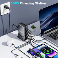 Chargeur USB C 500W Charge Rapide GAN Bloc de Charge 8 Ports Station de Charge Hub Brique PD 100W Chargeur Ordinateur Portable, pour iPhone 16 Chargeur