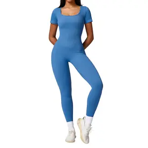 Breathable Women Gymwear Yoga Bodysuits Workout Short Sleeve Jumpsuit Fitness Yoga Wear Custom