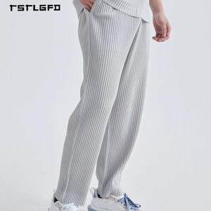 High Quality Men Pleated <b>Trousers</b> Vertical Ribbed Pants <b>Light</b> Grey Relaxed Fit Minimalist Streetwear Casual Straight Leg Pants - Product Image 2