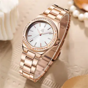 Relojes impermeables para mujer que elevan el lujo a nuevas alturas con bisel de diamantes y correa de malla de acero inoxidable de oro rosa