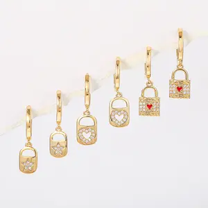 6PCs/set Vintage Zircon Earrings Set For Women Personalized Lock Head Pendant 18k Gold Plated Earrings For Women Girls
